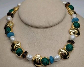 J Crew Faux Malachite And Pearl Beaded Gold Tone Necklace