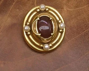 Vintage MMA Egyptian Revival Gold Tone Pearls Carnelian Brooch Pin