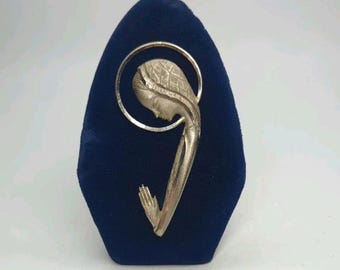 Vintage Mary Virgin 3D Pewter Plaque Blue Velvet Stand Italy