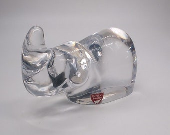 Orrefors Sweden Crystal Rhino Figurine Paperweight Signed