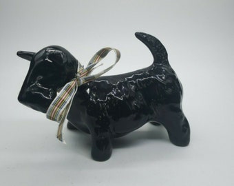 Vintage Black Scottish Terrier Scottie Ceramic Dog Figurine Bulky and Short 4&quot;