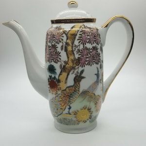 Vintage Kutani China Teapot Chocolate Pot Hand Painted Peacocks Cherry Blossoms