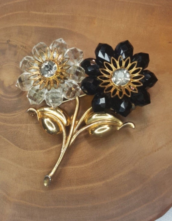 Vintage Dual Clear Black Crystal Flowers Gold Tone