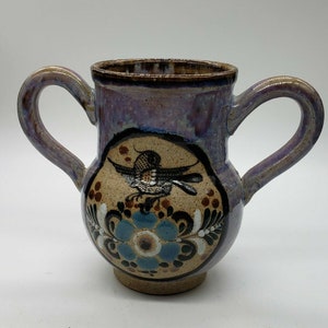 Hand Thrown Netzi Art Pottery 2 Handle Urn Jug Pitcher Vase Mexico w/ Bird 5"