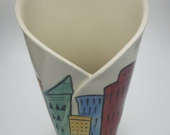 Hand Painted Signed Art Pottery 10" Wrap Vase Cityscape