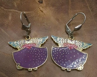 RARE Vtg Laurel Burch Angelicat Dangle Earrings Purple Teal Pink