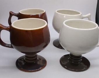 Vtg HALL Restaurant Ware #2274 Pedestal Mugs Brown White Footed USA Set of 4