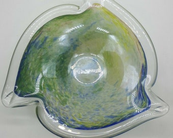 Vintage Triangular Art Glass Candy Trinket Dish Multicolor 7.5"