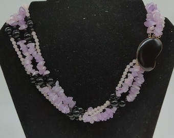 Vintage Multi Strand Amethyst & Rose Quartz Necklace - Signed SS