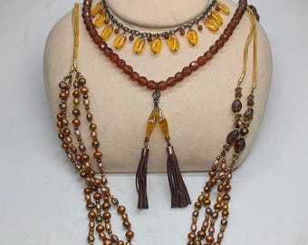 Lot Of 2 Long Coldwater Creek Multi Strand Necklaces Brown Orange