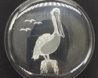 Vintage Signed Art Glass Paperweight Flat Round Shape Pelican
