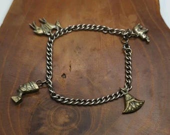 Vintage Brass Charm Bracelet 4 Charms Camel Elephant Fan Bust