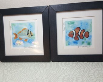 Set of 2 Signed Wall Art Fish HEIDI SATTERBERG Clown and Pork Fish