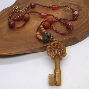 Vintage Key Pendant Red Bead 21&quot; Necklace