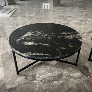 Black Marble Coffee Table, Natural Marble Table Top MATRIX LEATHER FINISHED, Art Deco Interior Home Decor,