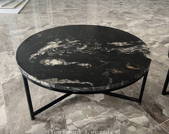 Black Marble Coffee Table, Natural Marble Table Top MATRIX LEATHER FINISHED, Art Deco Interior Home Decor,