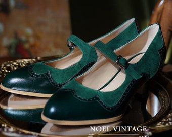 Dark Green Leather Mary Janes High Heels Marie Antoinette Shoes Rococo Baroque Costume