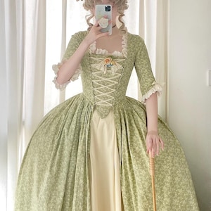 Heidi’s Shepherdess – 1770s Green Robe à la Polonaise Gown in Floral Cotton, Bustled Skirt for Reenactment, Garden Ball or Rococo Portraits
