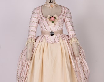 1770s Robe à la Polonaise Dress | Pink Floral Stripe Cotton Gown with Ivory Satin Underskirt | 18th Century Rococo Reproduction