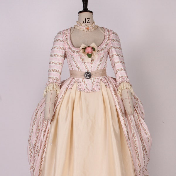 Robe a la Polonaise 18.Jahrhundert Damen Baumwollmuster Kleid, Historisches Damen Kostüm, Marie Antoinette Rokoko Stil