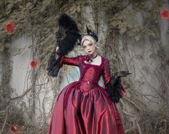Halloween Gothic style Robe a la Polonaise 18th century Women's Blood Red Dress, Historical Ladies Costume, Marie Antoinette Rococo style