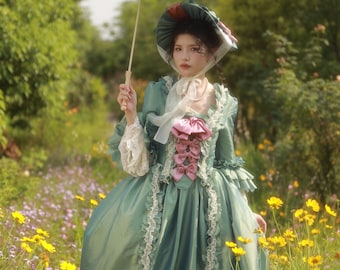 18th Century Robe à la Française Gown – Mint Green Rococo Court Dress with Pink Bows, Silk Satin Finish