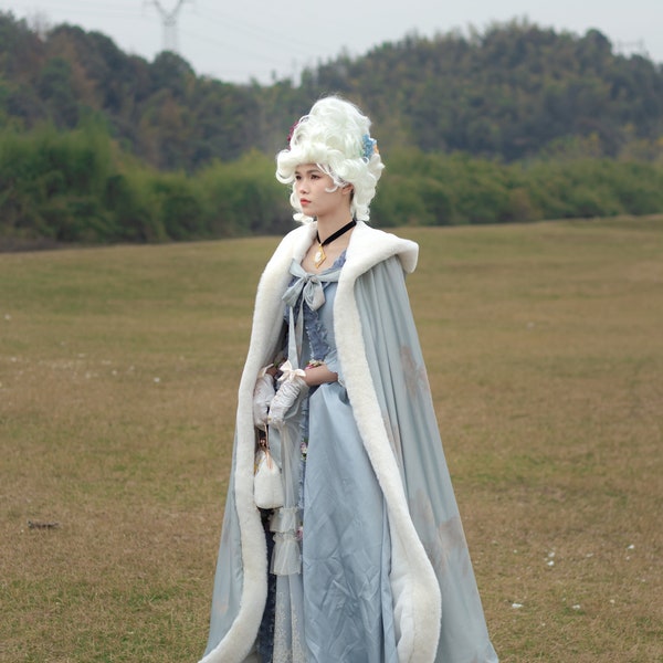 Light blue marie antoinette cape with fur victorian style rococo baroque cape paris wedding cape