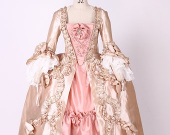 Champagne & Rose Pink Rococo Gown | 1740s–1780s Robe à la Française | Historical French Court Dress in Satin with Watteau Pleats