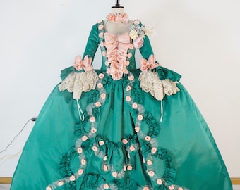 Robe a la francaise 18th century costume reenactment Marie Antoinette Style Green Dress, Rococo style