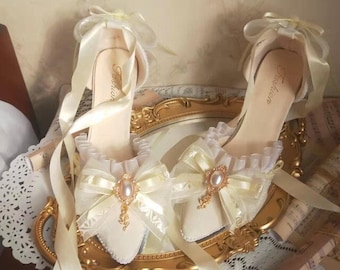 White With champagne gold Ribbon High Heels Marie Antoinette Shoes Rococo Baroque Clothing Bridal High Heels Paris Wedding Shoes