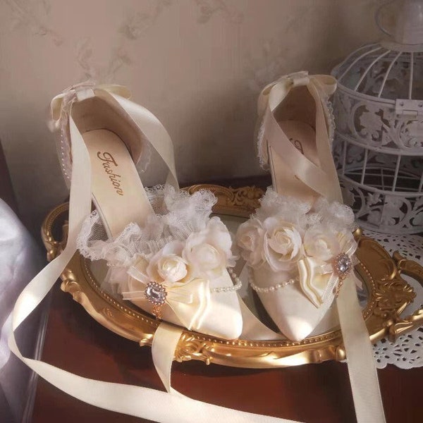 White With champagne gold Ribbon High Heels Marie Antoinette Shoes Rococo Baroque Clothing Bridal High Heels Paris Wedding Shoes