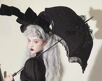 Handmade Halloween umbrella 18th century costume reenactment Marie Antoinette Style, Rococo style, The death of mourning