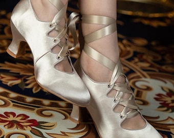 Handmade Rococo Inspired Pale Gold Silk Satin Heels with Ribbon Ties – Victorian & Edwardian Style Retro Shoes for Special Occasions