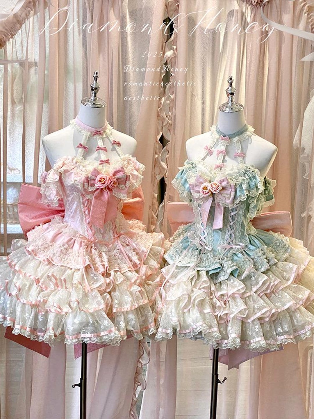 Cupid’s Blossom – Romantic Lolita Dress in Mint or Blush Pink With Roses,  Pearls, and Layered Lace