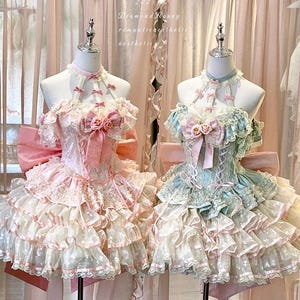 Cupid's Blossom - Robe lolita romantique menthe ou rose poudré avec roses, perles et superposition de dentelle