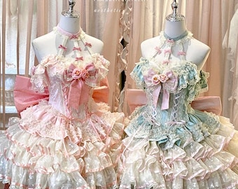 Cupid’s Blossom – Romantic Lolita Dress in Mint or Blush Pink with Roses, Pearls, and Layered Lace