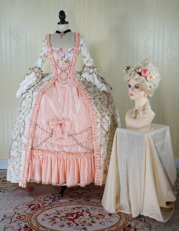 Rococo Floral Robe à la Française – 18th Century French Court Dress with Pink Satin Petticoat  – Marie Antoinette Costume Gown