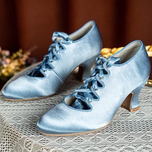 Handmade Rococo Inspired Pastel Blue Silk Satin Heels with Ribbon Ties – Victorian & Edwardian Style Retro Shoes for Special Occasions