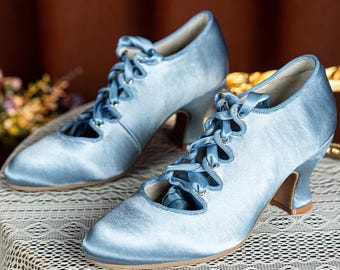 Handmade Rococo Inspired Pastel Blue Silk Satin Heels with Ribbon Ties – Victorian & Edwardian Style Retro Shoes for Special Occasions