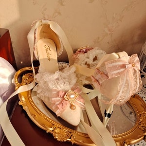 White With Pink Ribbon High Heels Marie Antoinette Shoes Rococo Baroque Clothing Bridal High Heels Paris Wedding Shoes image 9