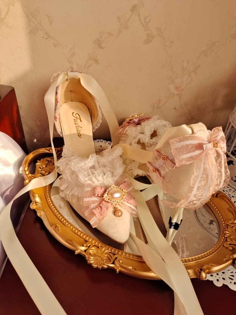 White With Pink Ribbon High Heels Marie Antoinette Shoes Rococo Baroque Clothing Bridal High Heels Paris Wedding Shoes image 9