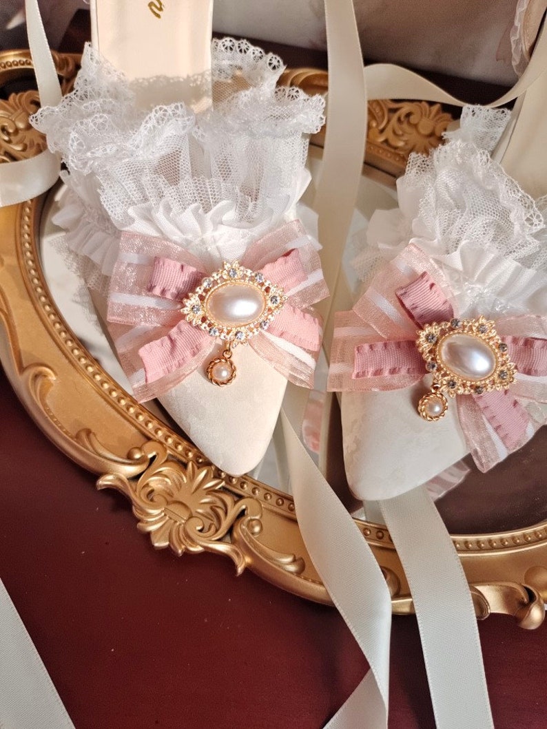 White With Pink Ribbon High Heels Marie Antoinette Shoes Rococo Baroque Clothing Bridal High Heels Paris Wedding Shoes image 4