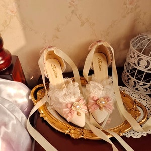 White With Pink Ribbon High Heels Marie Antoinette Shoes Rococo Baroque Clothing Bridal High Heels Paris Wedding Shoes image 6
