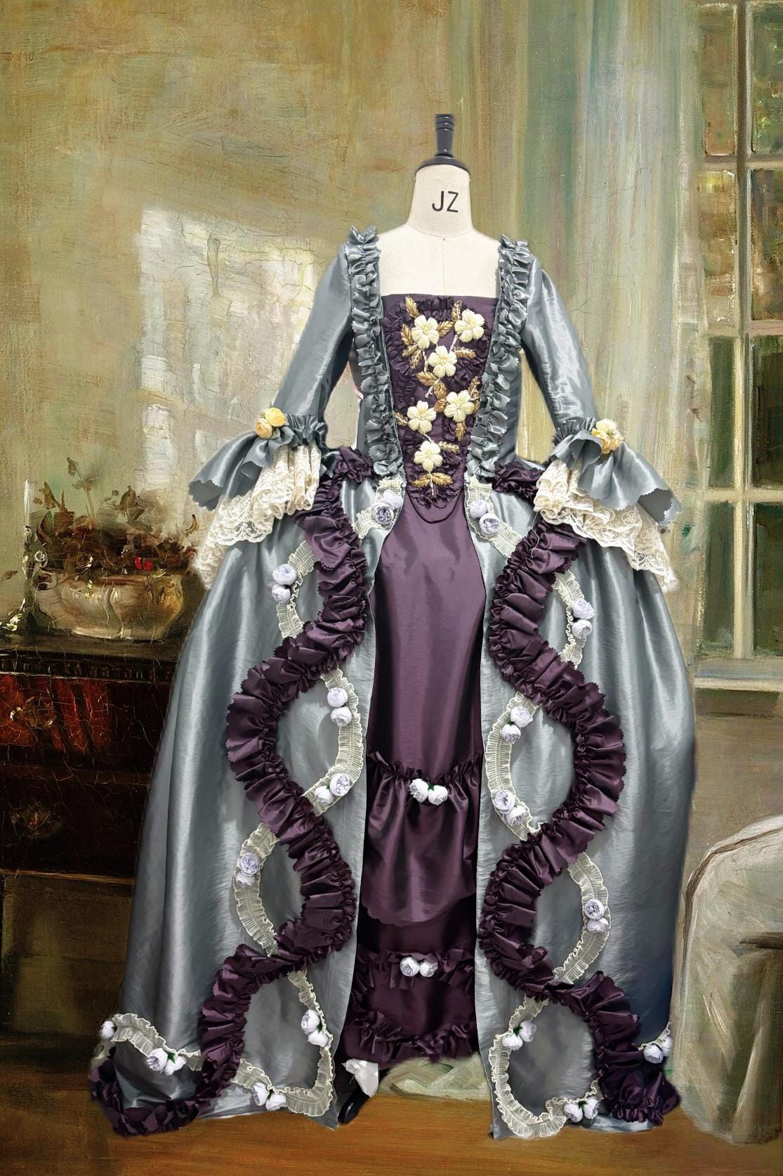 Duchess of Moonlight – 18th Century Rococo Robe à la Française in Silver and Plum Satin