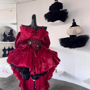 Gothic Red Corset Dress with High-Low Ruffled Skirt – Vampire Lolita Dark Fantasy Party Dress with Oversized Bow