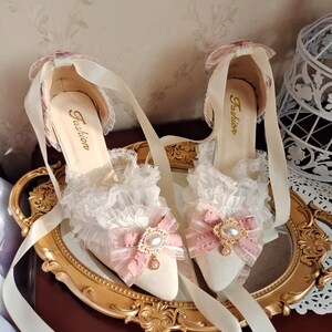 White With Pink Ribbon High Heels Marie Antoinette Shoes Rococo Baroque Clothing Bridal High Heels Paris Wedding Shoes image 3