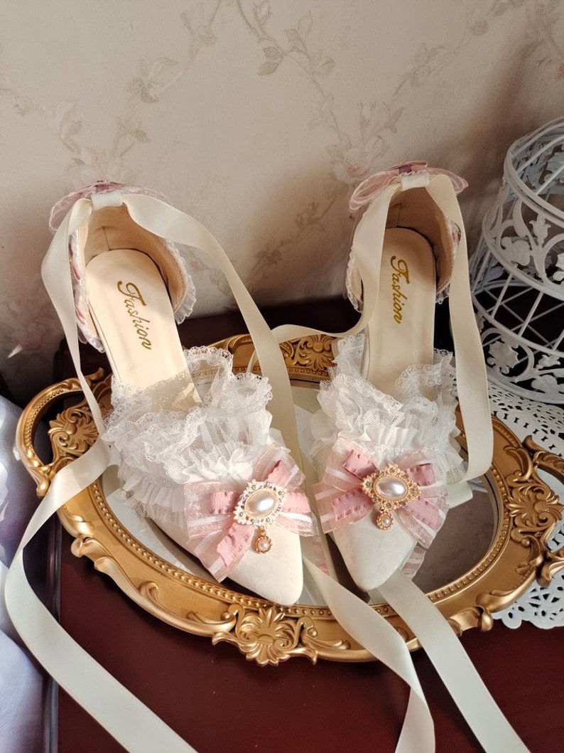 White With Pink Ribbon High Heels Marie Antoinette Shoes Rococo Baroque Clothing Bridal High Heels Paris Wedding Shoes image 3