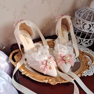 White With Pink Ribbon High Heels Marie Antoinette Shoes Rococo Baroque Clothing Bridal High Heels Paris Wedding Shoes image 1