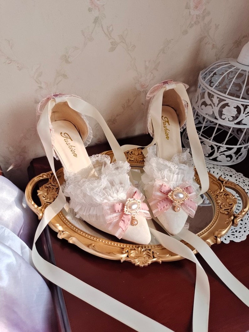 White With Pink Ribbon High Heels Marie Antoinette Shoes Rococo Baroque Clothing Bridal High Heels Paris Wedding Shoes image 1