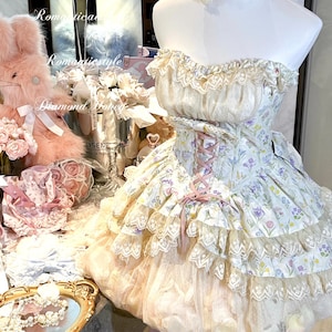 Robe florale rococo lolita avec tulle pétales - Robe de soirée coquette romantique épaules nues